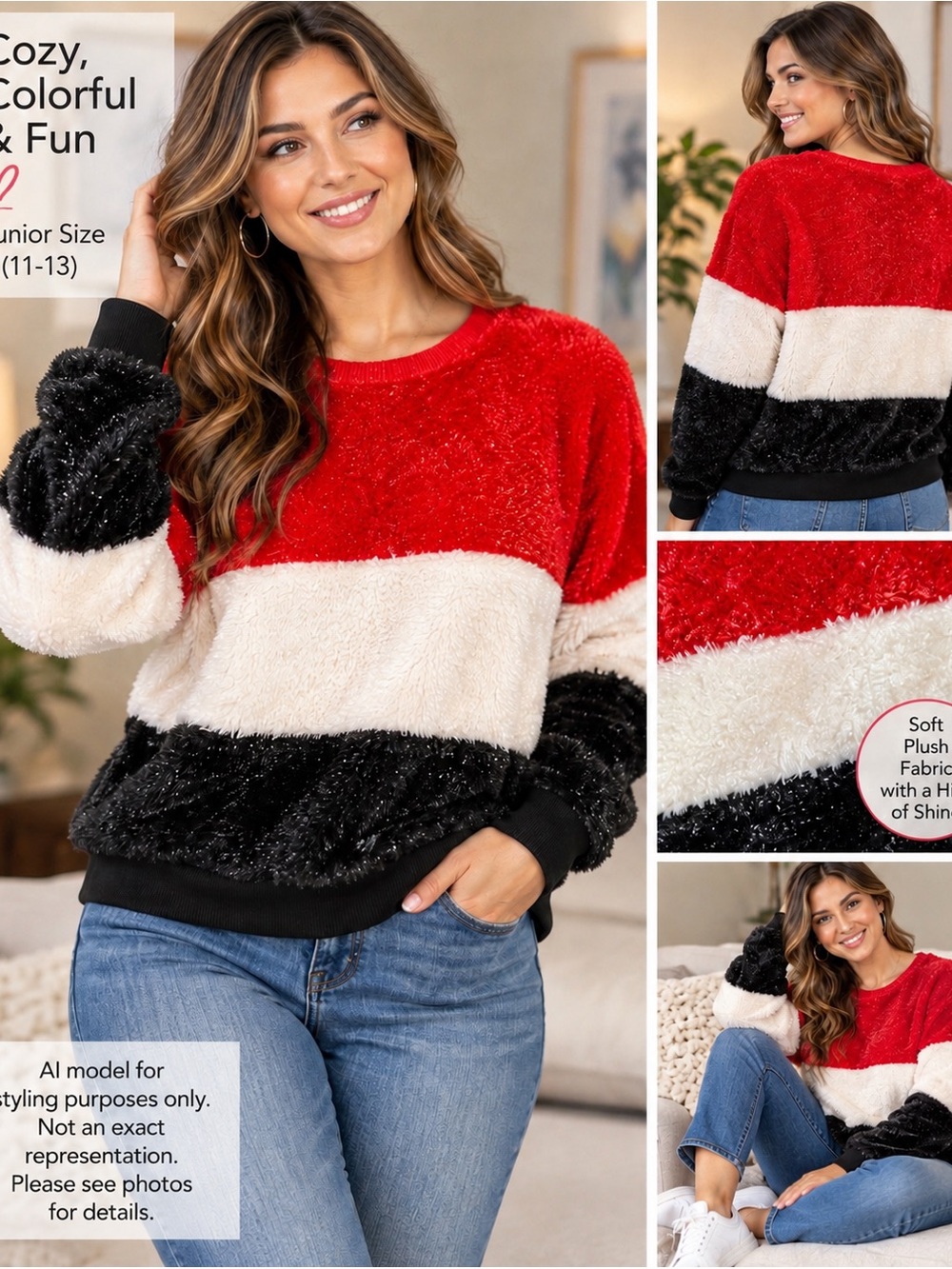 ✨ No Boundaries Jr L 11-13 Cozy Plush Colorblock Fuzzy Sweater Red/White/Black